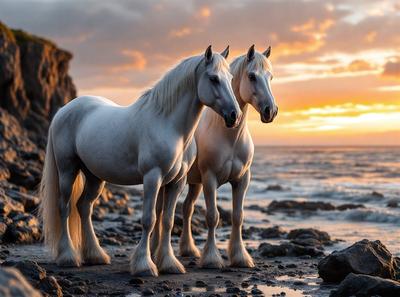 Primary subject: Two white horses standing on rocks near the ocean.

Setting/background: The horses are standing on rocks near the ocean, with a beautiful sunset in the background.

Visual style: The image is a digital artwork, featuring two white horses with long hair.

Colors and mood: The image has a warm and serene atmosphere, with the sunset casting a golden glow on the scene.