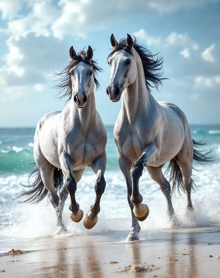 The primary subject of the image is two horses running on a beach. They are the main focus of the scene, with their bodies and legs prominently visible. The setting is a beach, with the ocean in the background. The visual style of the image is a photo, capturing the horses in motion. The colors in the image are predominantly shades of gray and white, creating a calm and serene atmosphere.