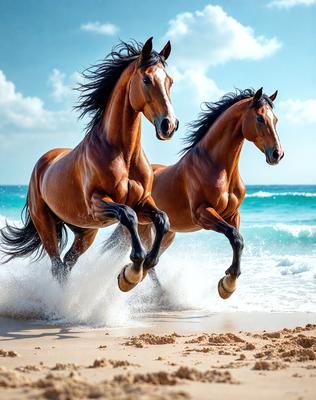 The primary subject of the image is two brown horses running on a beach. They are the main focus of the scene, with their bodies and legs prominently visible. The setting is a beach, with the ocean in the background. The visual style of the image is a photo, capturing the horses in motion. The colors in the image are predominantly brown and white, with the ocean providing a blue backdrop. The overall atmosphere is energetic and dynamic, as the horses run along the shoreline.