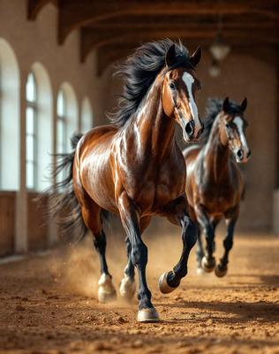 Primary subject: Two horses running in a dirt-covered arena.

Setting/background: The horses are running in a large, open space with a dirt floor.

Visual style: The image is a photo of the two horses in motion.

Colors and mood: The image has a sepia tone, giving it a warm and nostalgic feel.