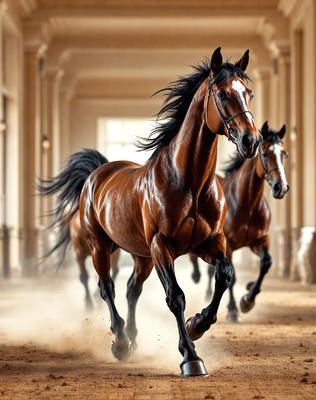 Primary subject: Two horses running in a hallway.

Setting/background: The hallway is made of marble, and there are two horses running through it.

Visual style: The image is a photo of the two horses running in the hallway.

Colors and mood: The colors in the image are predominantly brown and black, giving the scene a dramatic and intense atmosphere.
