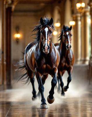 The primary subject of the image is a pair of brown horses running down a hallway. The setting is indoors, with a hallway visible in the background. The visual style appears to be a photo, capturing the horses in motion. The colors in the image are predominantly brown, giving the scene a warm and natural atmosphere.