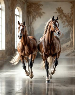 Primary subject: Two brown horses running in a hallway.

Setting/background: The horses are running in a hallway with a painting on the wall.

Visual style: The image is a photo of the two horses running.

Colors and mood: The dominant colors are brown and the overall atmosphere is energetic and dynamic.