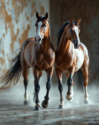 Primary subject: Two brown horses running side by side.

Setting/background: A concrete wall is visible in the background.

Visual style: The image is a photo of the two horses.

Colors and mood: The horses are brown, and the overall atmosphere is energetic and dynamic.