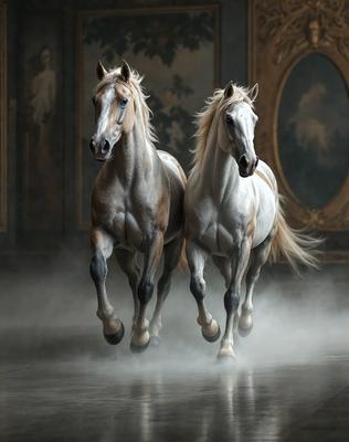 The primary subject of the image is two horses running side by side. They are the main focus of the scene, and their movement and interaction with each other create a dynamic and engaging visual. The setting is a room with a wall, and the visual style appears to be a photo. The colors in the image are predominantly white and brown, giving the scene a warm and natural atmosphere.