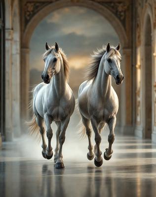 Primary subject: Two horses running side by side.

Setting/background: A hallway with a stone floor.

Visual style: Digital art.

Colors and mood: The image is in black and white, giving it a classic and timeless feel.