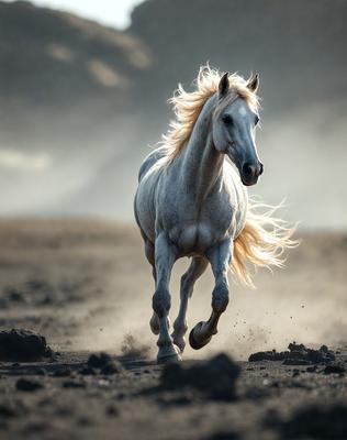 Primary subject: A white horse running on a dirt field.

Setting/background: The horse is running in a dirt field, with a mountain in the background.

Visual style: The image is a photo of the horse in motion.

Colors and mood: The image has a sepia tone, giving it a warm and nostalgic atmosphere.