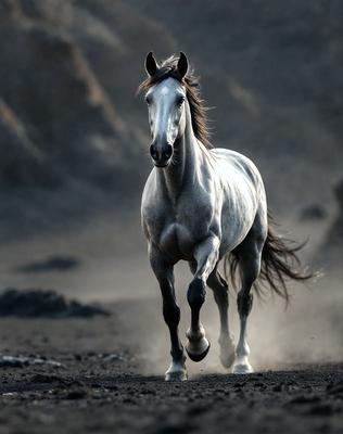 Primary subject: A white horse running on a dirt road.

Setting/background: The horse is running on a dirt road, with a rocky hillside in the background.

Visual style: The image is a black and white photo.

Colors and mood: The image has a monochromatic color scheme, giving it a classic and timeless feel. The horse's white fur stands out against the dirt road and rocky hillside, creating a sense of motion and energy.