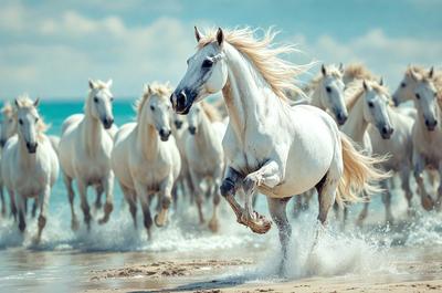 The primary subject of the image is a white horse running on a beach. The setting is a sandy beach with the ocean in the background. The visual style is a photo, capturing the horse in motion. The colors and mood of the image are predominantly white, with the horse's white fur and the white ocean waves creating a serene and peaceful atmosphere.