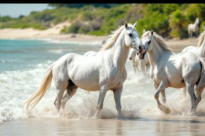 The primary subject of the image is a group of white horses running through the water. The setting is a beach, with the ocean providing a beautiful backdrop. The visual style is a photo, capturing the horses in their natural environment. The colors and mood of the image are vibrant and energetic, as the horses gallop through the water, creating a sense of freedom and joy.
