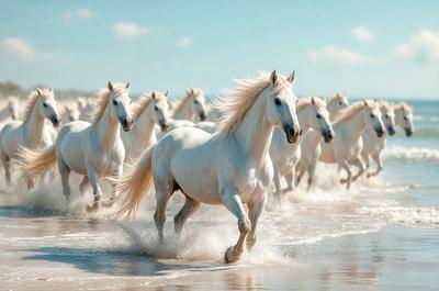 Primary subject: A white horse running on the beach.

Setting/background: The beach, with the ocean in the background.

Visual style: The image is a photo of the horse running on the beach.

Colors and mood: The image is in black and white, giving it a classic and timeless feel. The white horse stands out against the black and white background, creating a sense of motion and energy.