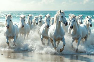 The primary subject of the image is a herd of white horses running along the beach. The setting is a sandy beach with the ocean in the background. The visual style is a photo, capturing the horses in motion. The colors and mood of the image are predominantly white, with the horses' coats and the ocean waves creating a serene and peaceful atmosphere.
