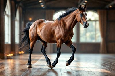 The primary subject of the image is a brown horse with a white stripe on its face, standing in a room. The horse is the main focus of the image, and it appears to be walking or running on a wooden floor. The setting is indoors, with a window visible in the background. The visual style of the image is a photo, capturing the horse in its natural environment. The colors in the image are predominantly brown and white, giving the scene a warm and natural atmosphere.