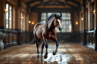 Primary subject: A brown horse with a white face.

Setting/background: A large, dark room with a dirt floor.

Visual style: A photo of the horse in motion.

Colors and mood: The horse is brown with a white face, and the overall atmosphere is dark and moody.