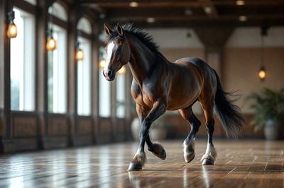 Primary subject: A brown horse with a white face.

Setting/background: The horse is walking on a wooden floor, possibly in a barn or a similar indoor environment.

Visual style: The image is a photo of the horse.

Colors and mood: The horse has a brown and white color pattern, and the overall atmosphere is calm and serene.