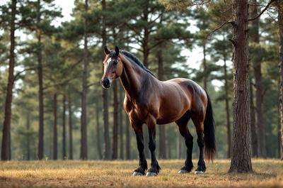 Primary subject: A brown horse standing in a field.

Setting/background: The horse is standing in a grassy field surrounded by trees.

Visual style: The image is a photo of the horse in its natural environment.

Colors and mood: The horse is brown, and the overall atmosphere of the image is serene and peaceful.