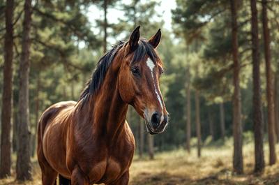 The primary subject of the image is a brown horse standing in a forest. The horse is the main focus of the scene, and it appears to be looking at the camera. The setting is a forest with trees surrounding the horse, creating a natural and serene atmosphere. The visual style of the image is a photo, capturing the horse in its natural environment. The colors in the image are predominantly brown and green, reflecting the natural tones of the forest.