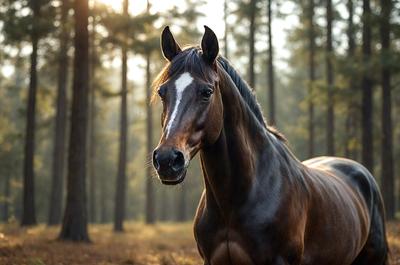 Primary subject: A brown horse with a white face standing in a forest.

Setting/background: The horse is standing in a forest with trees in the background.

Visual style: The image is a photo of the horse in the forest.

Colors and mood: The horse has a brown and white color, and the overall atmosphere is calm and serene, as the horse is standing in a peaceful forest setting.