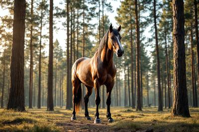 Primary subject: A brown horse standing in a forest.

Setting/background: The horse is standing in a forest with trees surrounding it.

Visual style: The image is a photo of the horse in the forest.

Colors and mood: The horse is brown, and the forest has a natural and serene atmosphere.