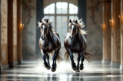 Primary subject: Two horses running in a hallway.

Setting/background: The horses are running in a hallway with a marble floor.

Visual style: The image is a photo of the two horses in motion.

Colors and mood: The colors in the image are predominantly black and white, giving it a classic and timeless feel. The mood of the image is energetic and dynamic, as the horses are captured in motion.