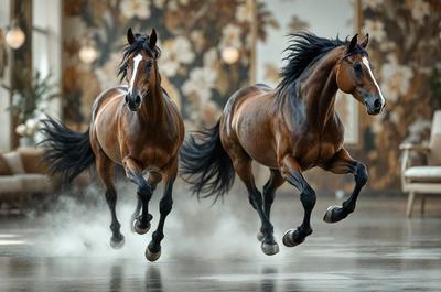 The primary subject of the image is two brown horses running side by side on a dirt floor. The setting is an outdoor area with a backdrop of a wall with a floral pattern. The visual style is a photo, capturing the horses in motion. The colors in the image are predominantly brown, and the overall atmosphere is energetic and dynamic.
