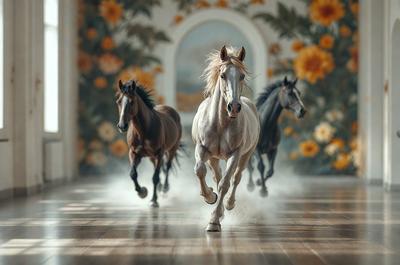 Primary subject: A white horse running on a wooden floor.

Setting/background: The horse is running in front of a wall with a flower pattern.

Visual style: The image is a photo of the horse in motion.

Colors and mood: The dominant colors are brown and white, with a sense of motion and energy.