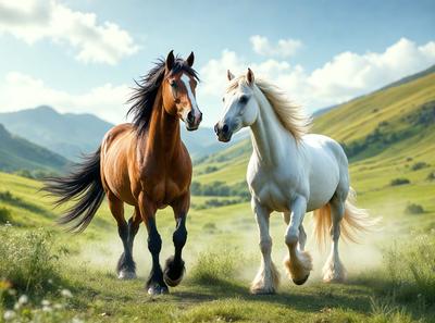 Primary subject: Two horses standing in a grassy field.

Setting/background: The horses are standing in a grassy field with mountains in the background.

Visual style: The image is a digital artwork.

Colors and mood: The image has a warm and natural color palette, with the horses' coats being brown and white. The overall atmosphere is serene and peaceful.