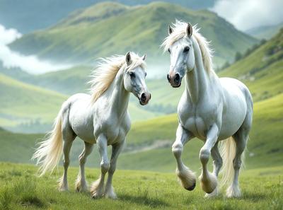 The primary subject of the image is two white horses standing in a grassy field. The setting is a lush green hillside, providing a picturesque backdrop for the horses. The visual style of the image is a photo, capturing the horses in their natural environment. The colors and mood of the image are predominantly green and serene, with the horses appearing calm and content as they stand together in the field.