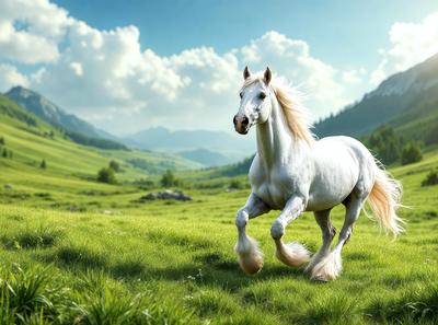 The primary subject of the image is a white horse running through a lush green field. The horse is the main focus of the image, and it appears to be enjoying its time in the open field. The setting is a beautiful, grassy landscape with mountains in the background, creating a serene and picturesque environment. The visual style of the image is a combination of photo and digital art, giving it a realistic yet artistic appearance. The colors in the image are predominantly green, which adds to the natural and peaceful