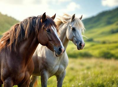 The primary subject of the image is a pair of horses standing in a grassy field. The setting is a lush green field, and the visual style appears to be a photo. The horses are the main focus of the image, and their presence creates a serene and peaceful atmosphere.