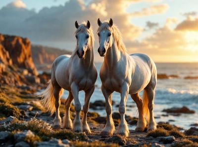 Primary subject: Two white horses standing on a rocky beach.

Setting/background: The horses are standing on a rocky beach near the ocean, with a rocky cliff in the background.

Visual style: The image is a photo of the two horses.

Colors and mood: The image has a warm and serene atmosphere, with the white horses and the rocky beach creating a picturesque scene.