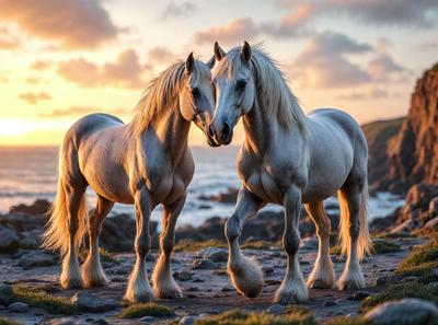 Primary subject: Two horses standing next to each other.

Setting/background: The horses are standing on a rocky beach near the ocean.

Visual style: The image is a photo of the two horses.

Colors and mood: The image has a warm and natural color palette, with the horses' white coats contrasting against the rocky beach and ocean backdrop.