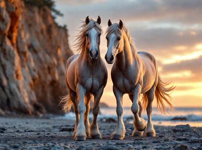 Primary subject: Two horses standing on a beach.

Setting/background: The horses are standing on a rocky beach near a cliff.

Visual style: The image is a photo of the two horses.

Colors and mood: The image has a warm and natural color palette, with the horses' coats and the beach's surroundings creating a serene and picturesque atmosphere.