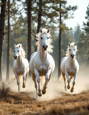 Primary subject: Three white horses running through a field.

Setting/background: The horses are running through a field with trees in the background.

Visual style: The image is a photo of the three white horses.

Colors and mood: The image has a warm and natural color palette, with the white horses standing out against the field and trees.