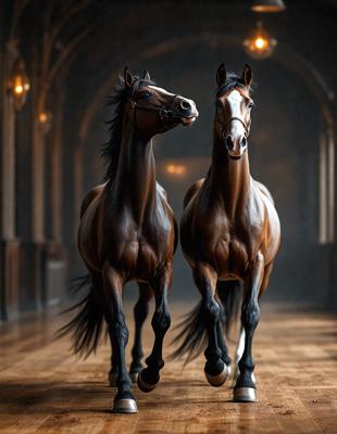 The primary subject of the image is two brown horses standing next to each other in a hallway. The setting is a hallway with a doorway visible in the background. The visual style is a photo, capturing the horses in their natural environment. The colors and mood of the image are warm and inviting, with the brown horses being the main focus.