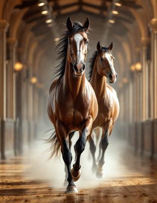 The primary subject of the image is a brown horse running down a hallway. The setting is a hallway with a stone wall, and the visual style is a digital art illustration. The colors in the image are predominantly brown, and the overall atmosphere is energetic and dynamic.