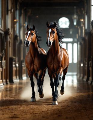 The primary subject of the image is two brown horses running side by side in a hallway. The setting is an indoor environment, possibly a stable or a corridor within a building. The visual style appears to be a digital art or illustration, as the horses are depicted in a realistic manner. The colors and mood of the image are warm and energetic, as the horses are captured in motion, creating a sense of excitement and freedom.
