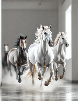 Primary subject: A white horse running in a hallway.

Setting/background: The hallway is white, and the horse is running down the middle of it.

Visual style: The image is a digital art or illustration of a white horse running in a hallway.

Colors and mood: The dominant colors are white and grey, creating a clean and minimalist atmosphere.