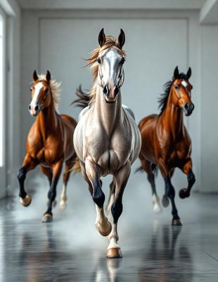 Primary subject: Three horses running in a building.

Setting/background: The horses are running in a large, open building with a white surface.

Visual style: The image is a photo of the three horses in motion.

Colors and mood: The image is in black and white, giving it a classic and timeless feel. The horses' movement and the building's open space create a sense of energy and freedom.
