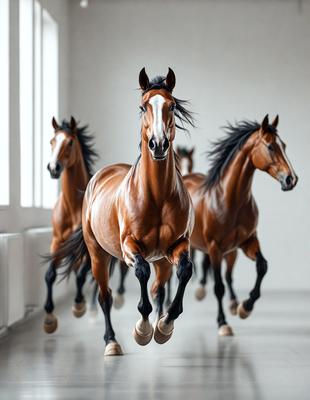 Primary subject: A brown horse with a white face.

Setting/background: A white room with a window.

Visual style: A photo of the horse.

Colors and mood: The horse is brown and white, and the overall atmosphere is dynamic and energetic, as the horse is captured in motion.