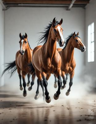 Primary subject: Horses
Setting/background: A white room with a window
Visual style: Photo
Colors and mood: The horses are brown, and the overall atmosphere is energetic and dynamic.