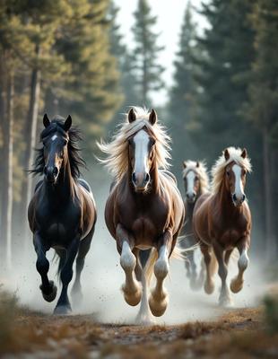 Primary subject: Horses
Setting/background: Forest
Visual style: Photo
Colors and mood: The image is in black and white, giving it a classic and timeless feel.