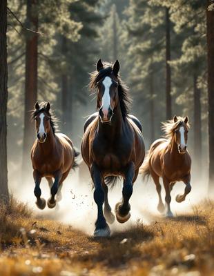 Primary subject: Three horses running through a forest.

Setting/background: The horses are running through a forest with trees in the background.

Visual style: The image is a photo of the three horses running through the forest.

Colors and mood: The image has a vibrant and lively atmosphere, with the horses' movement and the greenery of the forest creating a sense of energy and freedom.