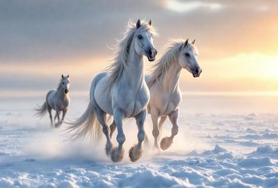 Primary subject: Three white horses running in the snow.

Setting/background: The snowy landscape with a cloudy sky in the background.

Visual style: The image is a digital artwork.

Colors and mood: The dominant colors are white and gray, with a cold and snowy atmosphere.