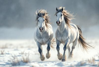 The primary subject of the image is two white horses running through the snow. They are the main focus of the scene, and their movement and beauty are the central elements. The setting is a snowy landscape, with the horses running through the snow, creating a sense of motion and energy. The visual style of the image is a photo, capturing the horses in their natural environment. The colors and mood of the image are predominantly white, with the snow creating a serene and peaceful atmosphere.