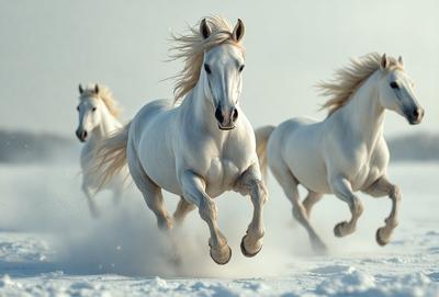 Primary subject: White horse running in the snow.

Setting/background: A snowy field with a white horse running.

Visual style: Digital art.

Colors and mood: The image is in black and white, giving it a classic and timeless feel. The white horse and snow create a sense of elegance and tranquility.