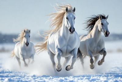 The primary subject of the image is a group of four white horses running through the snow. The setting is a snowy landscape, and the visual style appears to be a photo. The colors in the image are predominantly white, which gives the scene a serene and peaceful atmosphere.