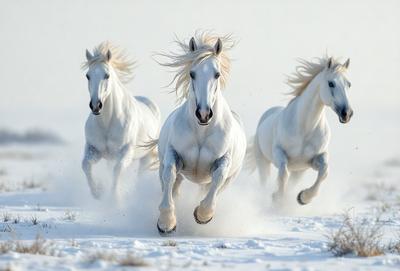 The primary subject of the image is a group of four white horses running through the snow. The setting is a snowy field, and the visual style appears to be a photo. The colors in the image are predominantly white, which gives the scene a serene and peaceful atmosphere.