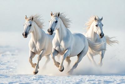 Primary subject: Three white horses running in the snow.

Setting/background: The snowy environment, with the horses running through it.

Visual style: The image is a photo of the three white horses running in the snow.

Colors and mood: The dominant colors are white and gray, with the snow creating a cold and serene atmosphere.