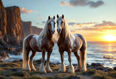 Primary subject: Two horses standing next to each other.

Setting/background: A beach with a rocky cliff in the background.

Visual style: Digital art.

Colors and mood: The horses are brown and white, and the overall atmosphere is serene and peaceful.